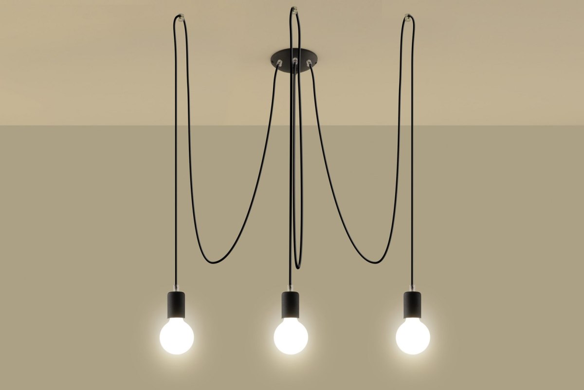 Żyrandol EDISON 3 czarny lampa sufitowa podwieszana pająk trzy żarówki - Sollux Lighting - zapalona