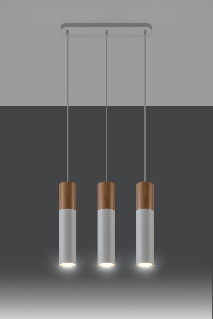 Lampa wisząca PABLO 3 biały naturalne drewno potrójny zwis tuba - Sollux Lighting