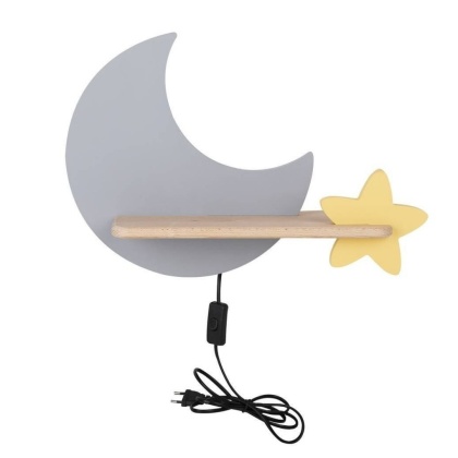 Kinkiet lampka dziecięca LED z półką MOON KSIĘŻYC szary GWIAZDKA żółta z kablem - Candellux Lighting