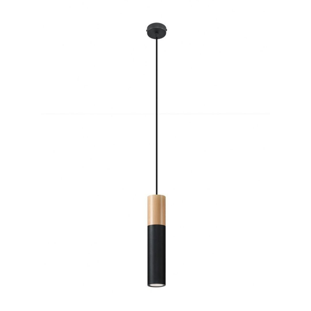Lampa wisząca PABLO czarny naturalne drewno zwis tuba - Sollux Lighting