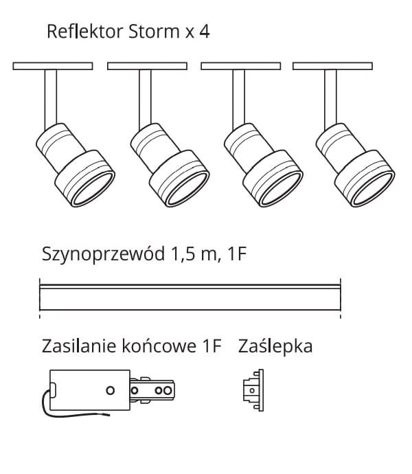 Zestaw szynowy: szyna czarna 1,5m + 4x reflektor STORM czarny - Light Prestige Zestaw szynowy: szyna czarna 1,5m + 4x reflektor STORM czarny - Light Prestige