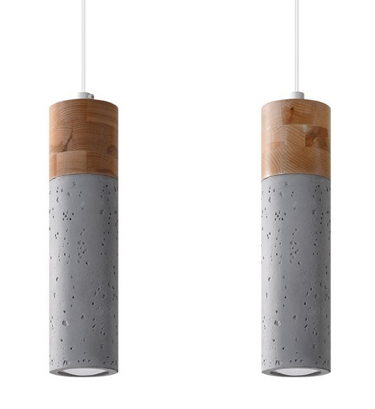 Lampa wisząca ZANE 2 szara drewno beton podwójny zwis tuba - Sollux Lighting - widok z bliska