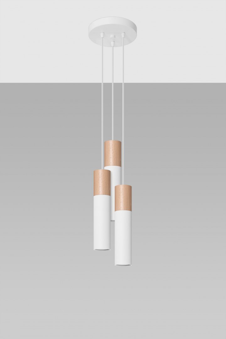 Lampa wisząca PABLO 3P biała drewniana potrójny zwis - Sollux Lighting