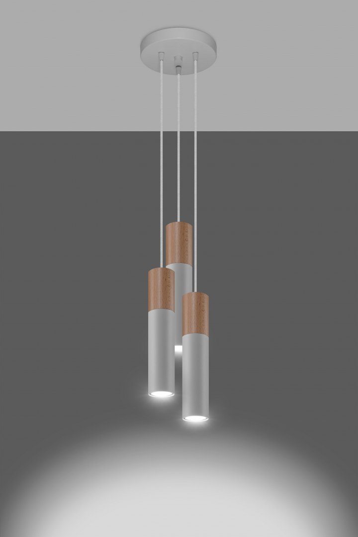 Lampa wisząca PABLO 3P biała drewniana potrójny zwis - Sollux Lighting - zapalona lampa