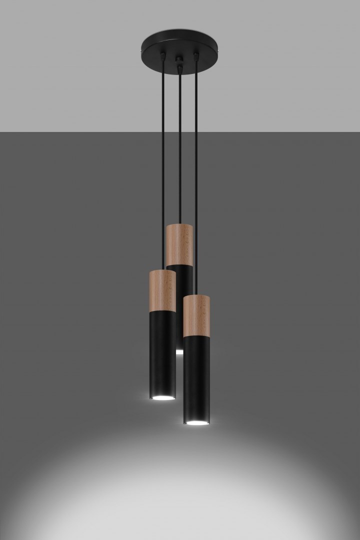 Lampa wisząca PABLO 3P czarna drewniana potrójny zwis trzy tuby - Sollux Lighting - zapalona lampa