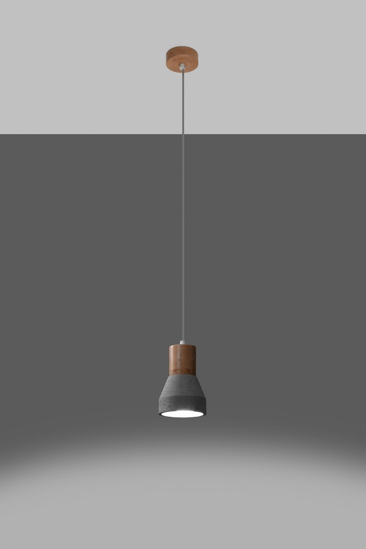 Lampa wisząca QUBIC szaro drewniana pojedyncza beton - Sollux Lighting - zapalona lampa