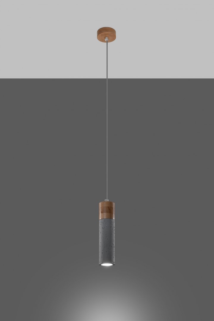 Lampa wisząca ZANE 1 szara drewno beton pojedyncza tuba - Sollux Lighting - wizualizacja