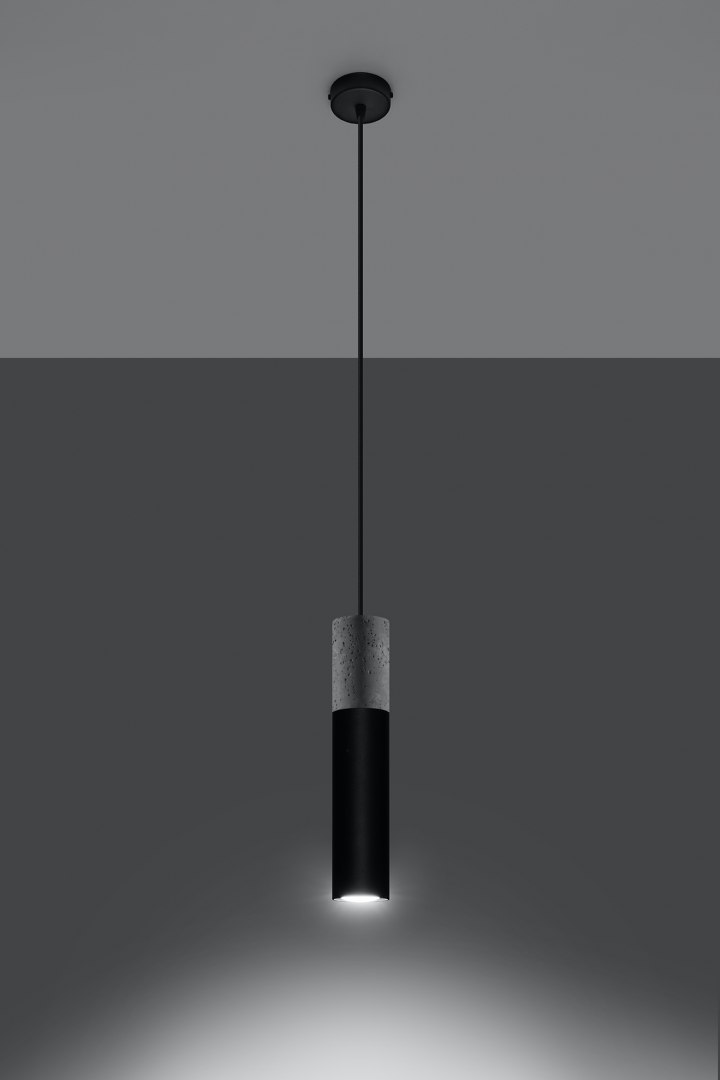 Lampa wisząca Borgio 1 czarny zwis tuba stal beton - Sollux Lighting - lampa zapalona