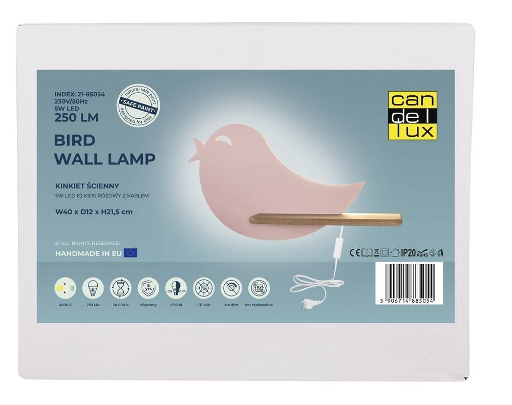 Kinkiet lampka dla dziecka LED z półką BIRD ptaszek różowy z kablem - Candellux Lighting