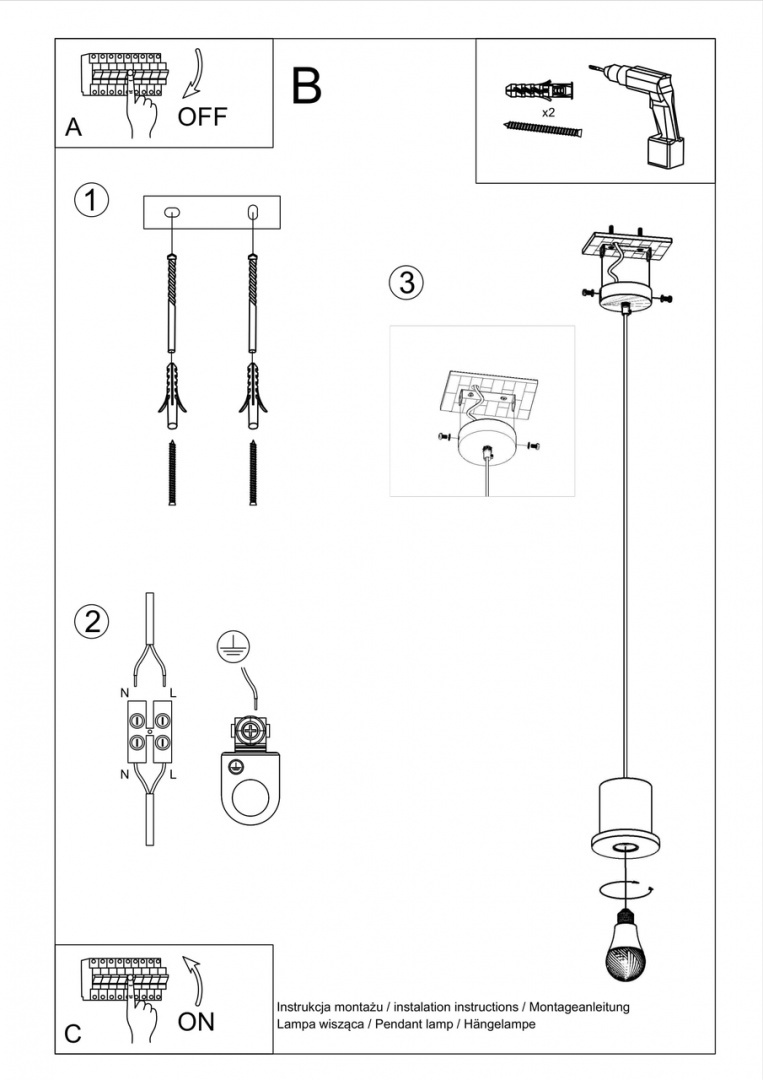 Lampa wisząca BONO żarówka na kablu styl loft - Sollux Lighting - instrukcja montażu Lampa wisząca BONO żarówka na kablu styl loft - Sollux Lighting - instrukcja montażu