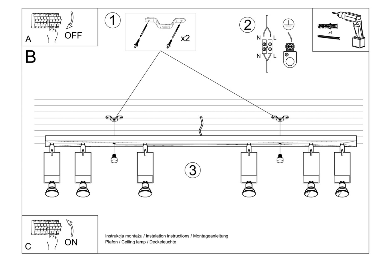 Plafon MERIDA 6L biały stal lampa sufitowa na listwie z regulowanymi tubami - Sollux Lighting - instrukcja montażu Plafon MERIDA 6L biały stal lampa sufitowa na listwie z regulowanymi tubami - Sollux Lighting - instrukcja montażu