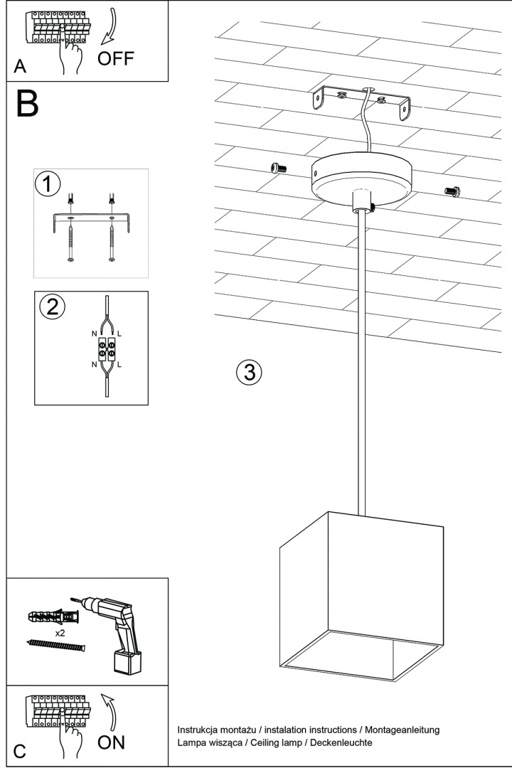 Lampa wisząca QUAD 1 czarny sześcian pojedyncza kostka - Sollux Lighting - instrukcja montażu