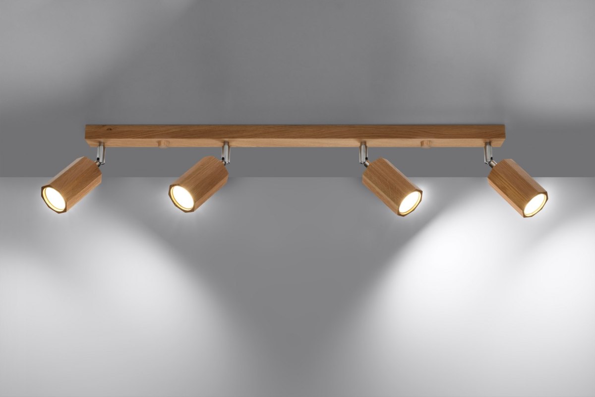 Plafon ZEKE 4 dąb lampa sufitowa, styl skandynawski, 4 regulowane tuby, na listwie - Sollux Lighting - wizualizacja