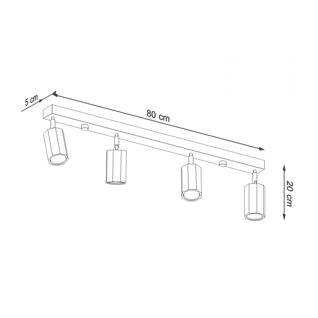 Plafon ZEKE 4 dąb lampa sufitowa, styl skandynawski, 4 regulowane tuby, na listwie - Sollux Lighting - rysunek techniczny
