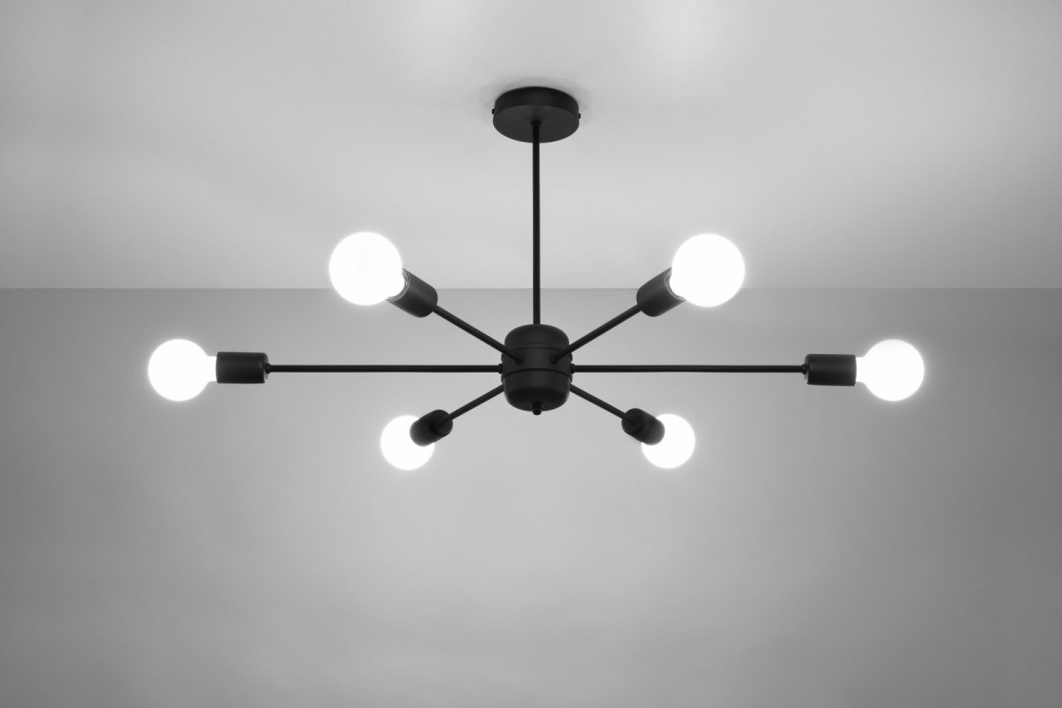 Żyrandol stalowy LANGO 6 czarny lampa dekoracyjna - Sollux Lighting - żyrandol się świeci