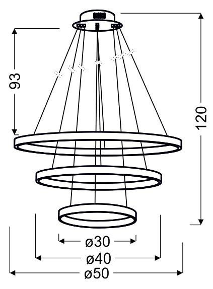 Lampa wisząca LUNE LED potrójna ringi obręcze - Candellux Lighting - wymiary rysunek techniczny