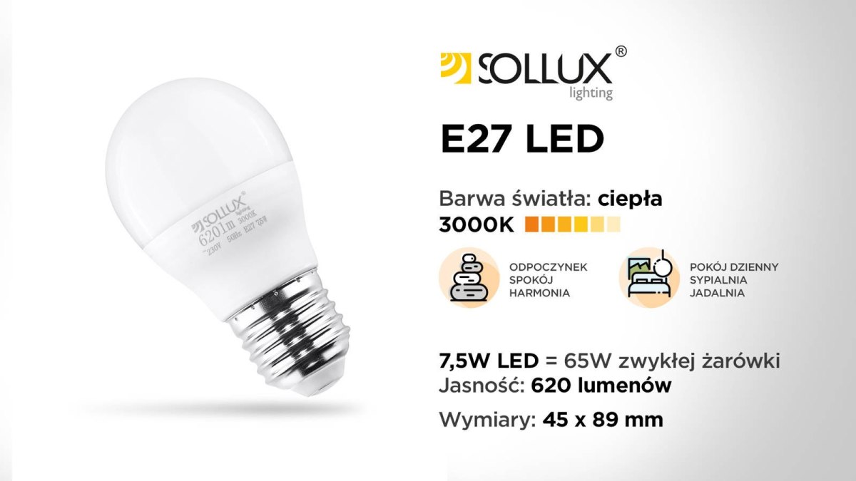 1 Żarówka LED E27 3000K 7,5W 620lm - Sollux Lighting
