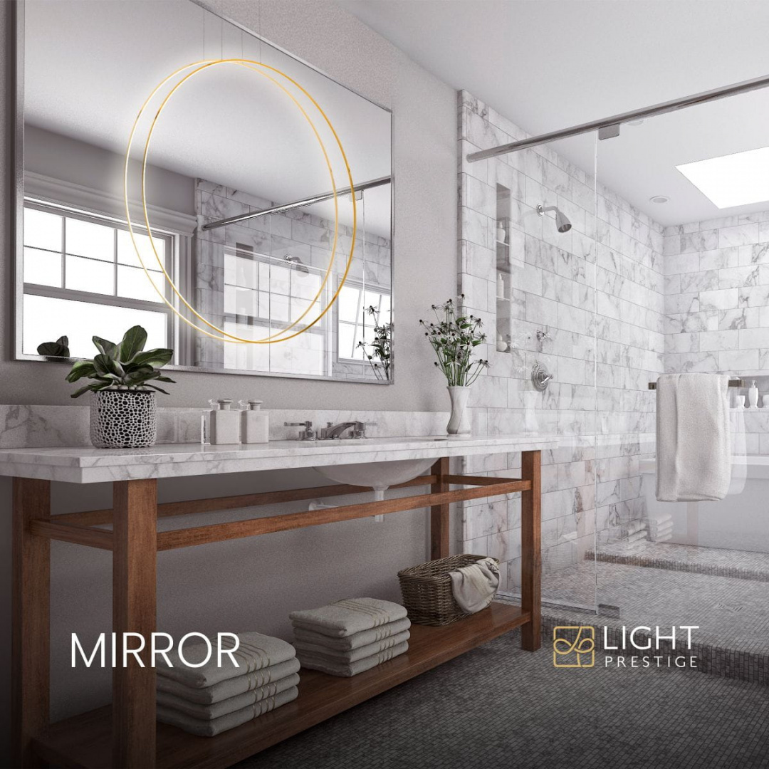 Lampa wisząca MIRROR duża złota LED obręcz wokół lustra IP44 do łazienki - Light Prestige