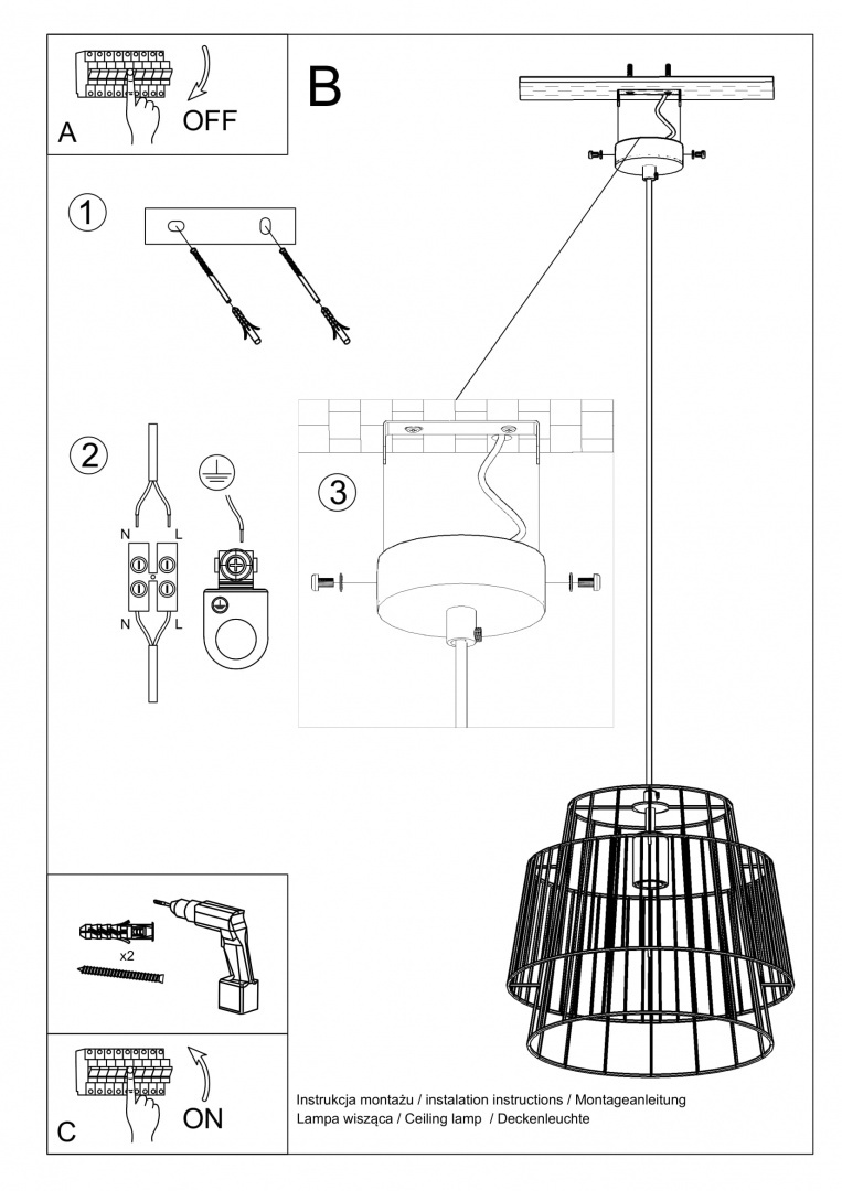 Lampa wisząca GATE czarna loftowy siateczkowy klosz - Sollux Lighting