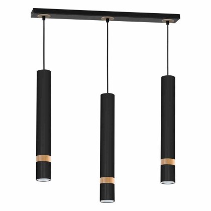 Lampa wisząca JOKER BLACK/WOOD czarno-drewniana 3 tuby na podłużnej listwie - Milagro