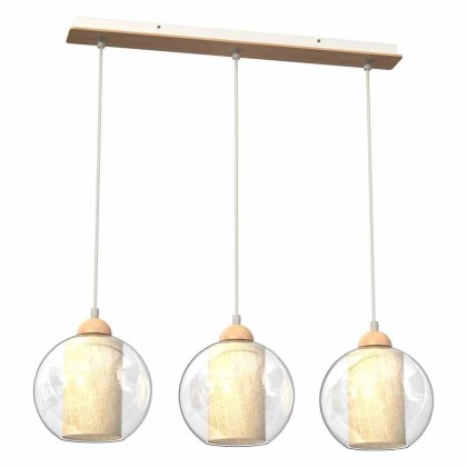 Lampa wisząca potrójna TELA 3 rattan / drewno / szklany klosz - Milagro