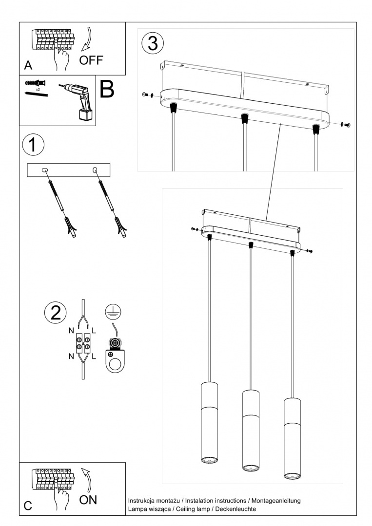 Lampa wisząca BORGIO 3L czarno-szara betonowa potrójna - Sollux Lighting Lampa wisząca BORGIO 3L czarno-szara betonowa potrójna - Sollux Lighting