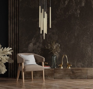 Lampa wisząca LUNGO 7 złota do salonu wąskie tuby kaskada – Light Prestige