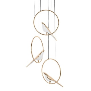 Lampa wisząca BIRD DISC złota elegancka potrójna kaskada motyw zwierzęcy - Moosee