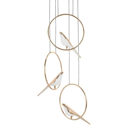 Lampa wisząca BIRD DISC złota elegancka potrójna kaskada motyw zwierzęcy - Moosee